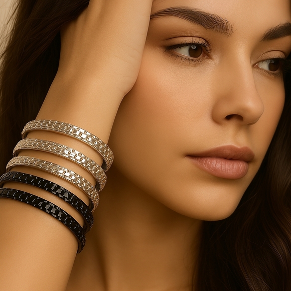 Set of 5 Dainty Silver-tone & Black Bangle Bracelets for Women - Fashion Jewelry - Picture 1 of 8